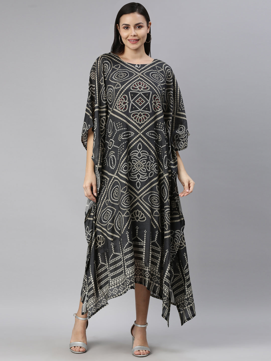Neerus Green rayon printed kaftan dress - front view