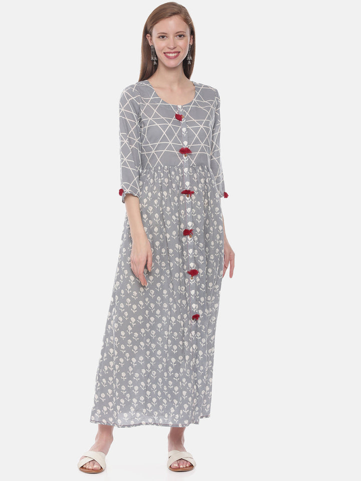 Neerus Grey printed anarkali kurti - front view