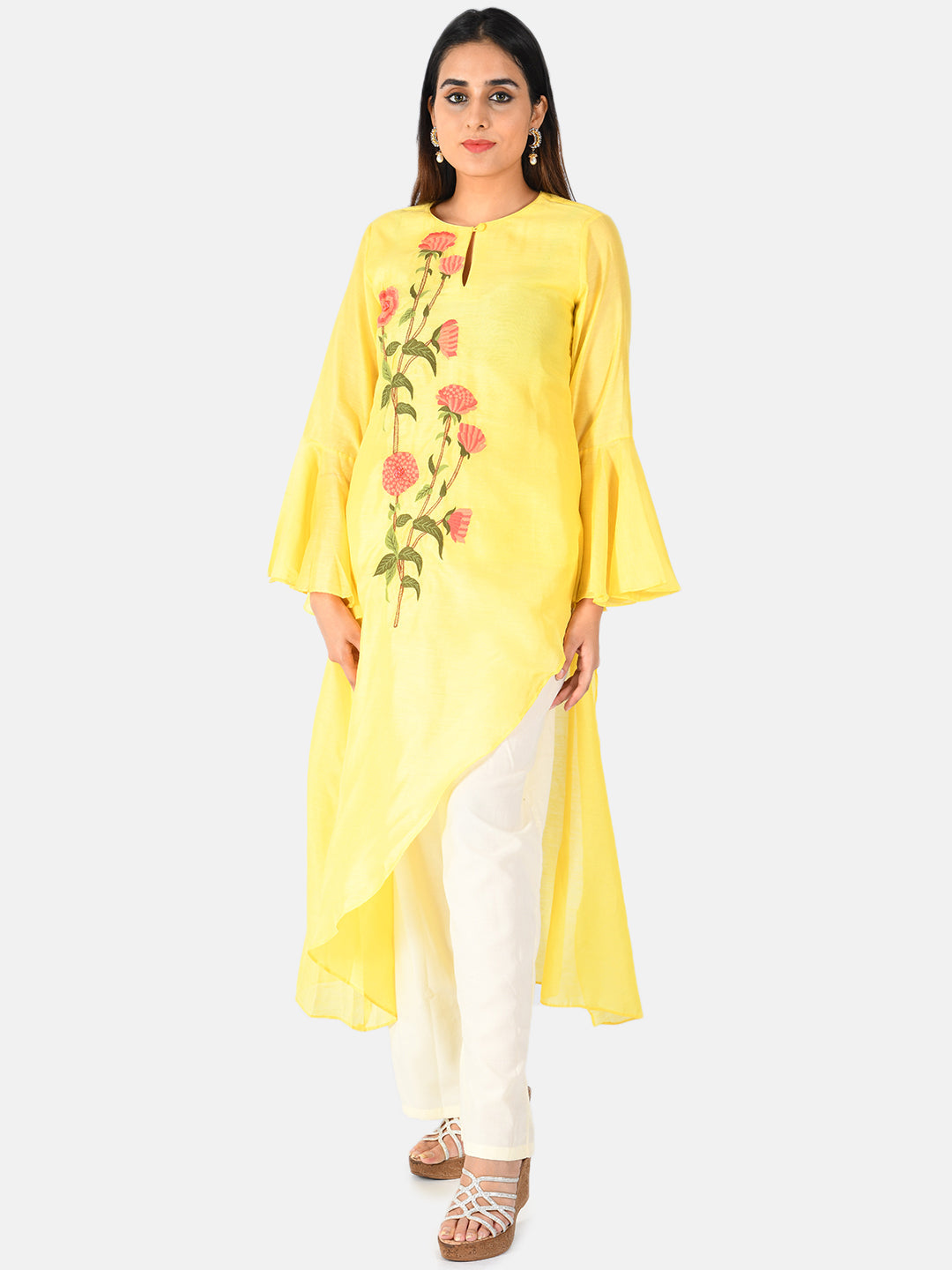 Neerus Yellow Chanderi embroidered kurta set with palazzo - front view
