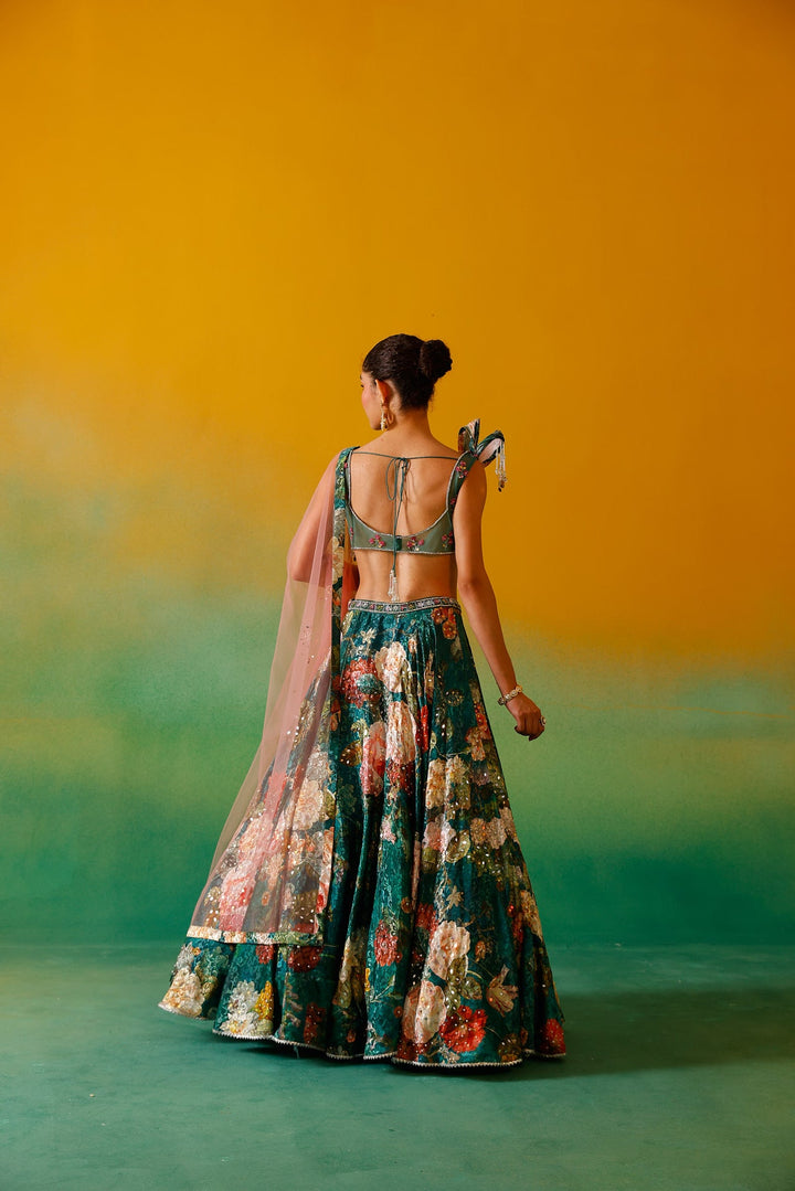 Neerus Green satin embroidered lehenga set - detail view 3