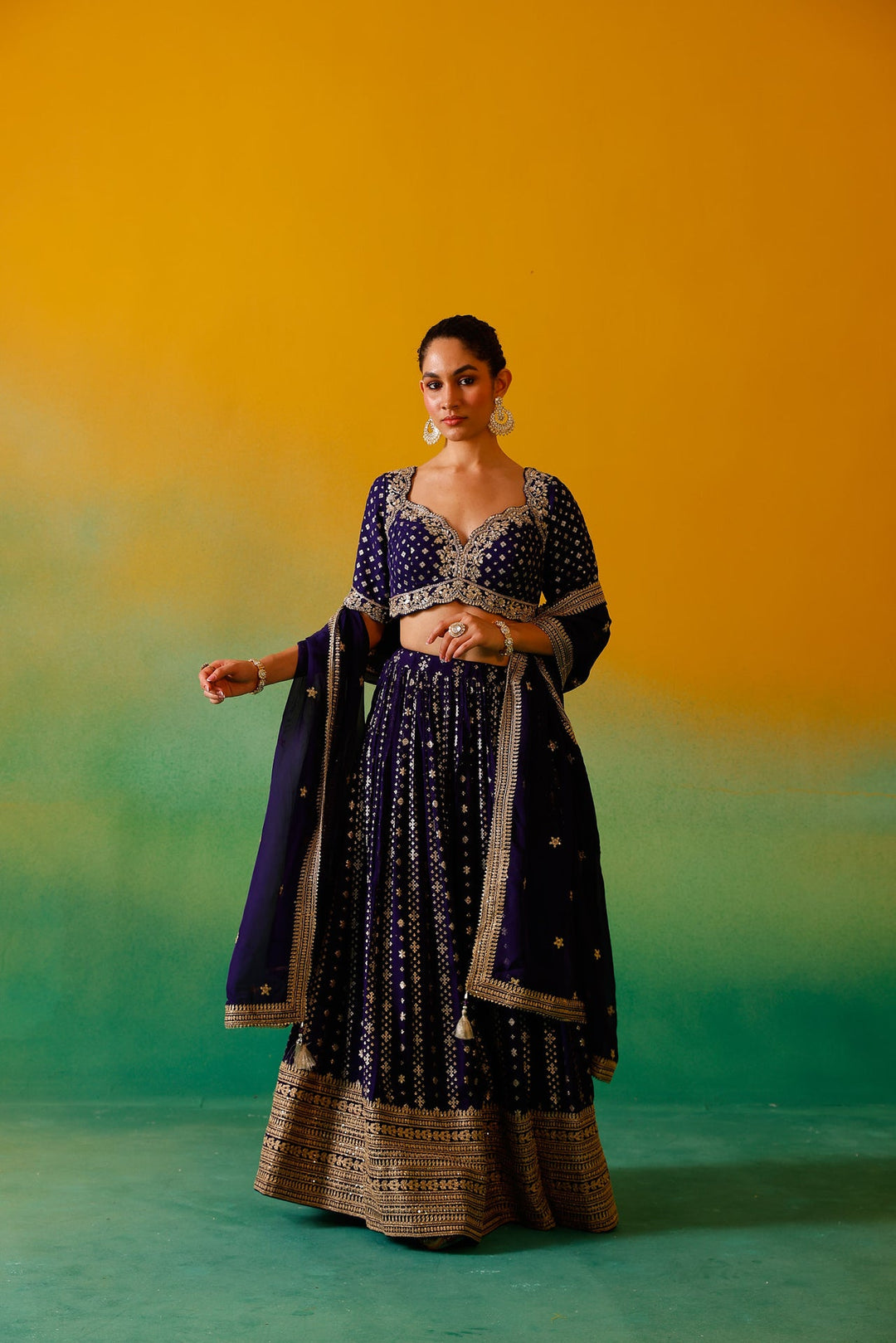 Neerus Purple Georgette Embroidered Lehenga Set - back view