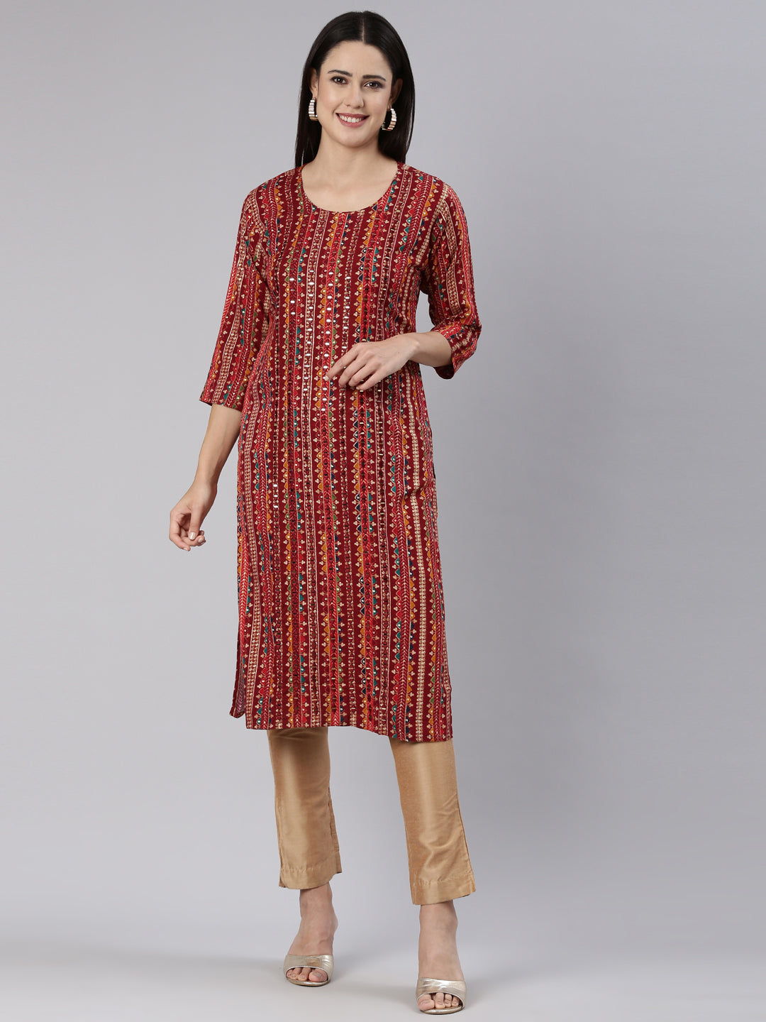 Neerus Maroon chevron printed straight kurti - front view