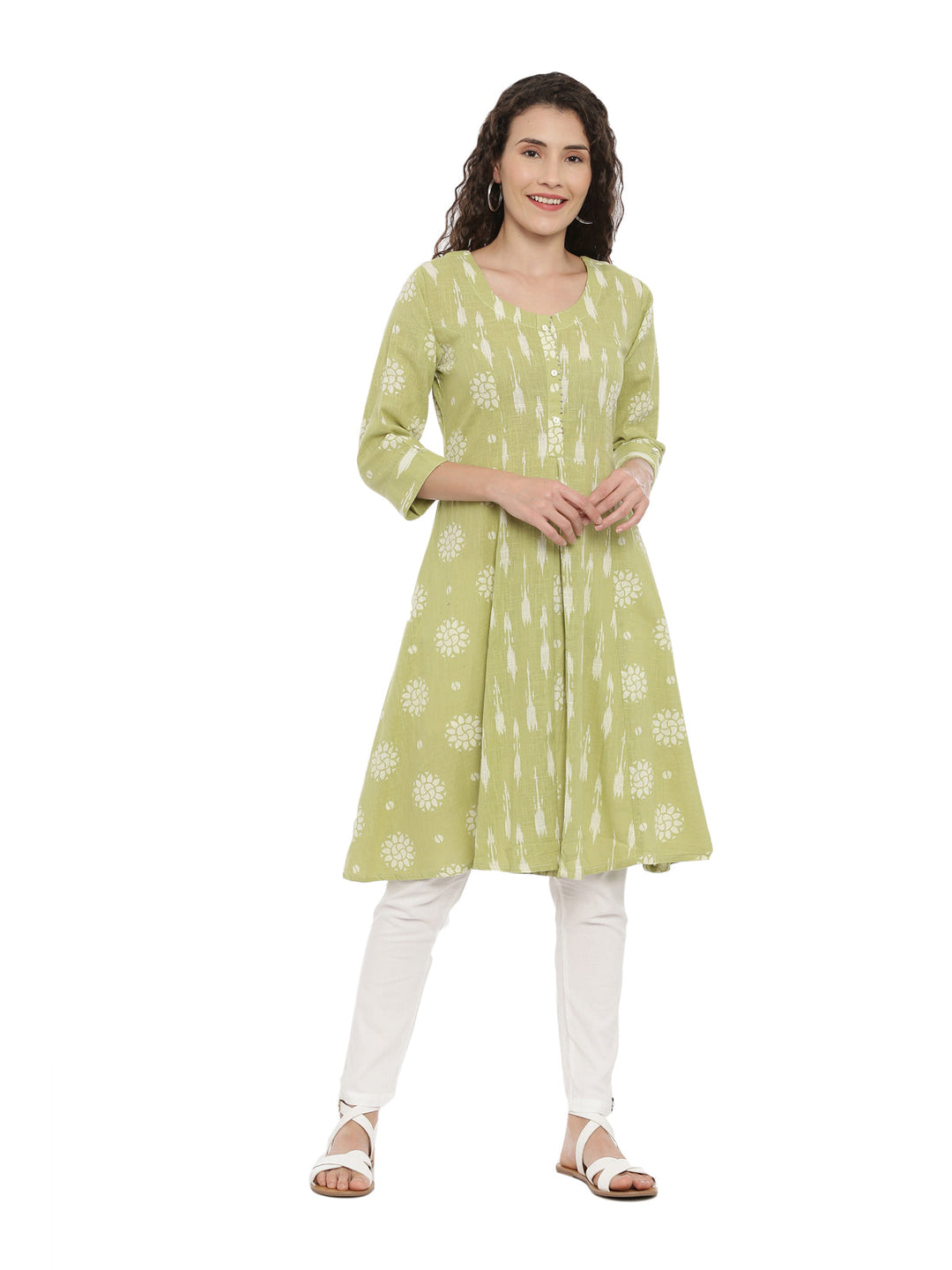 Neerus Green woven anarkali kurta - front view