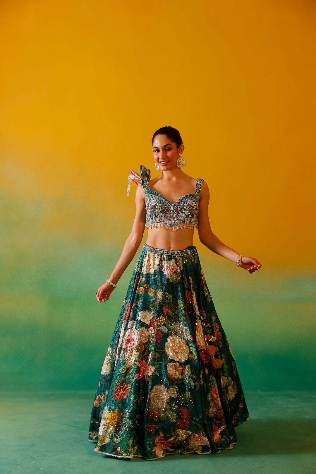 Neerus Green satin embroidered lehenga set - detail view 9
