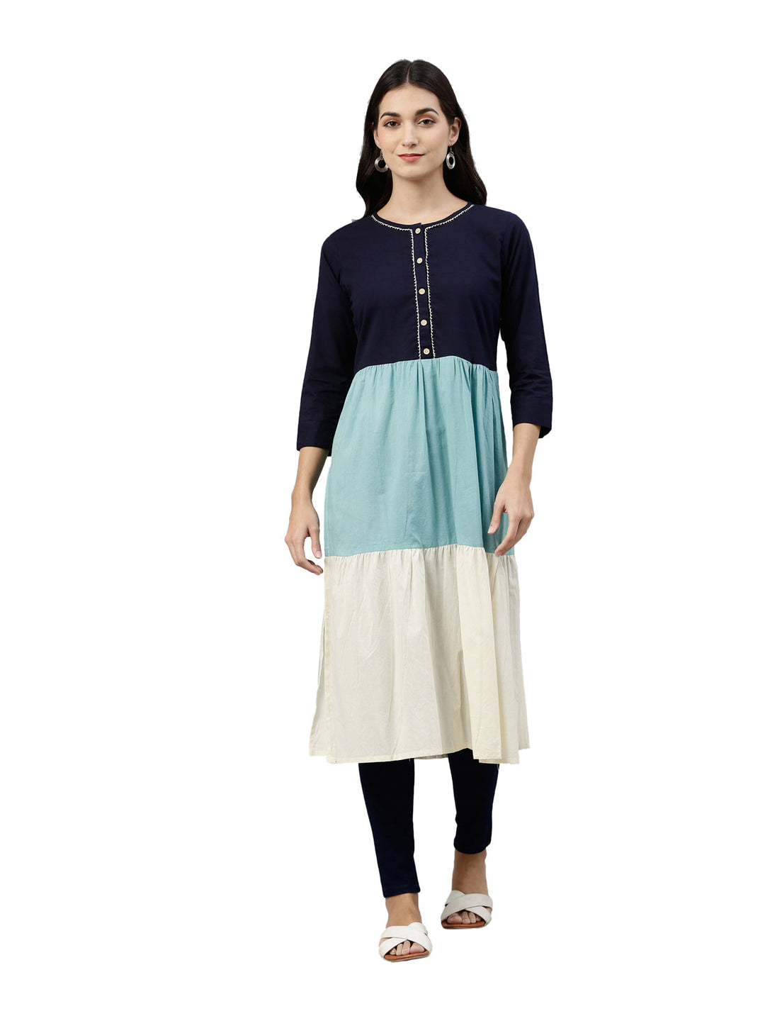 Neerus Blue rayon tiered kurti - front view
