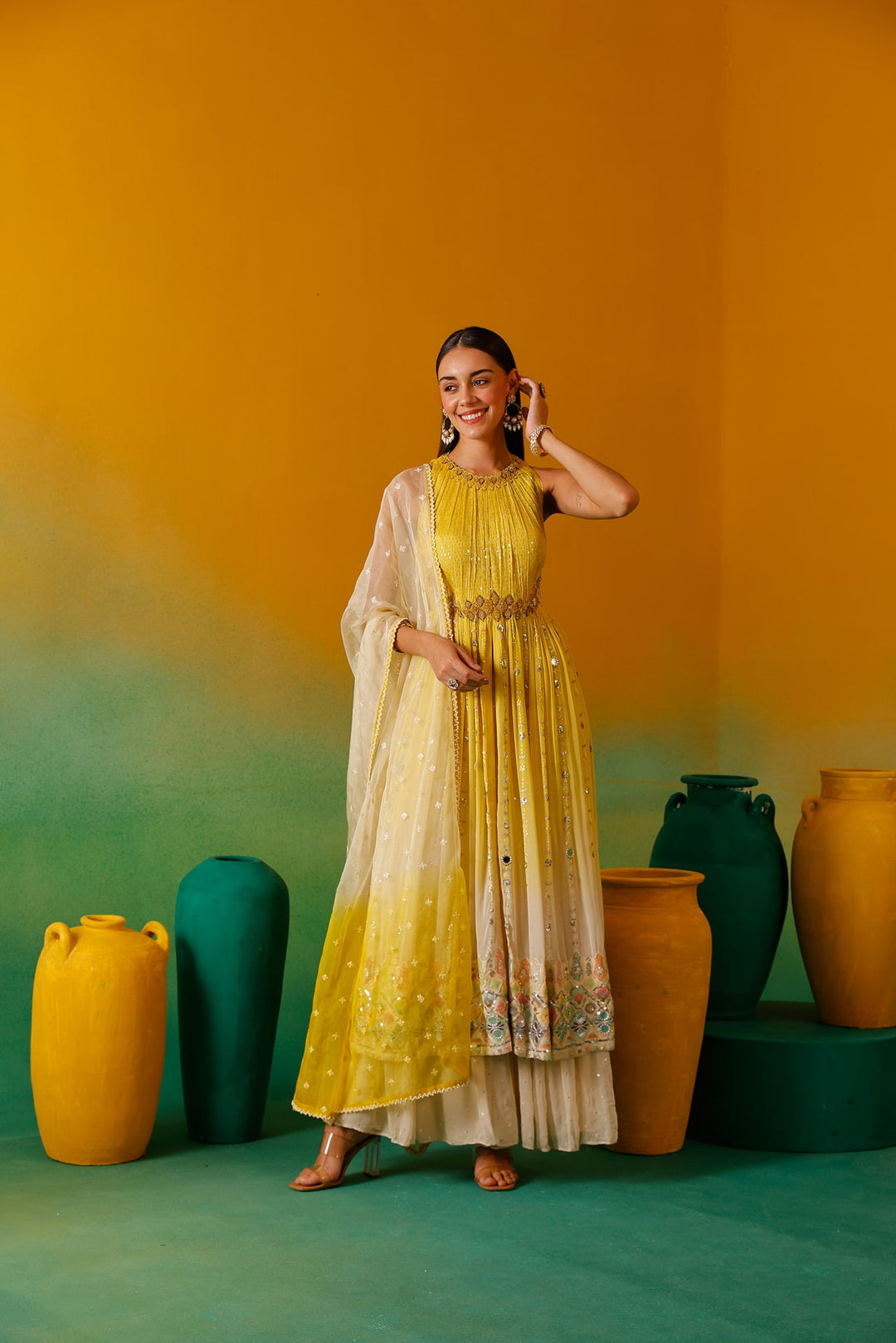Neerus Yellow Chinon Embellished Anarkali Suit Set - detail view 5