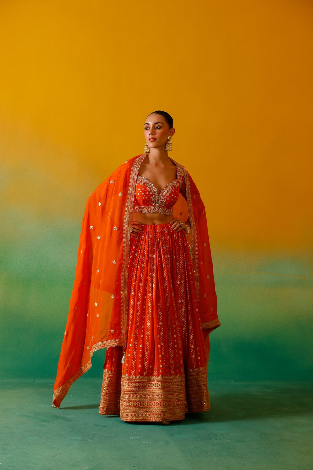 Neerus Orange Georgette Embroidered Lehenga Set - detail view 1
