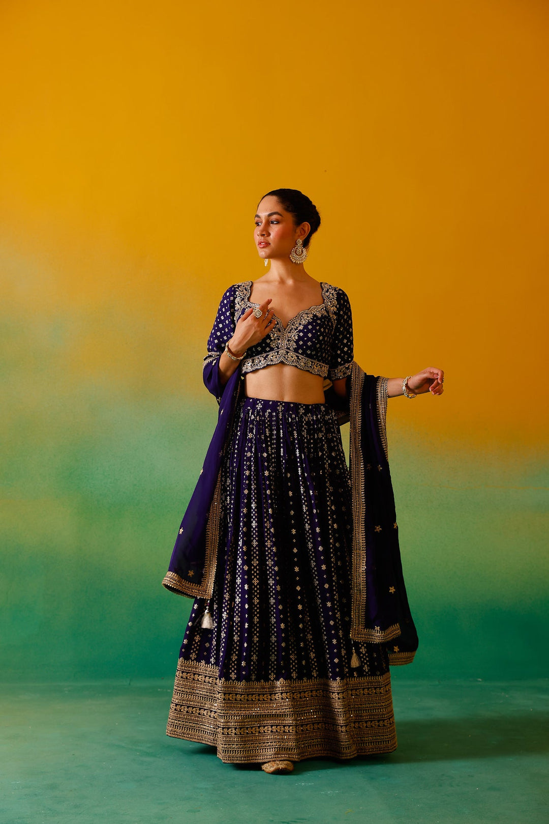 Neerus Purple Georgette Embroidered Lehenga Set - side view