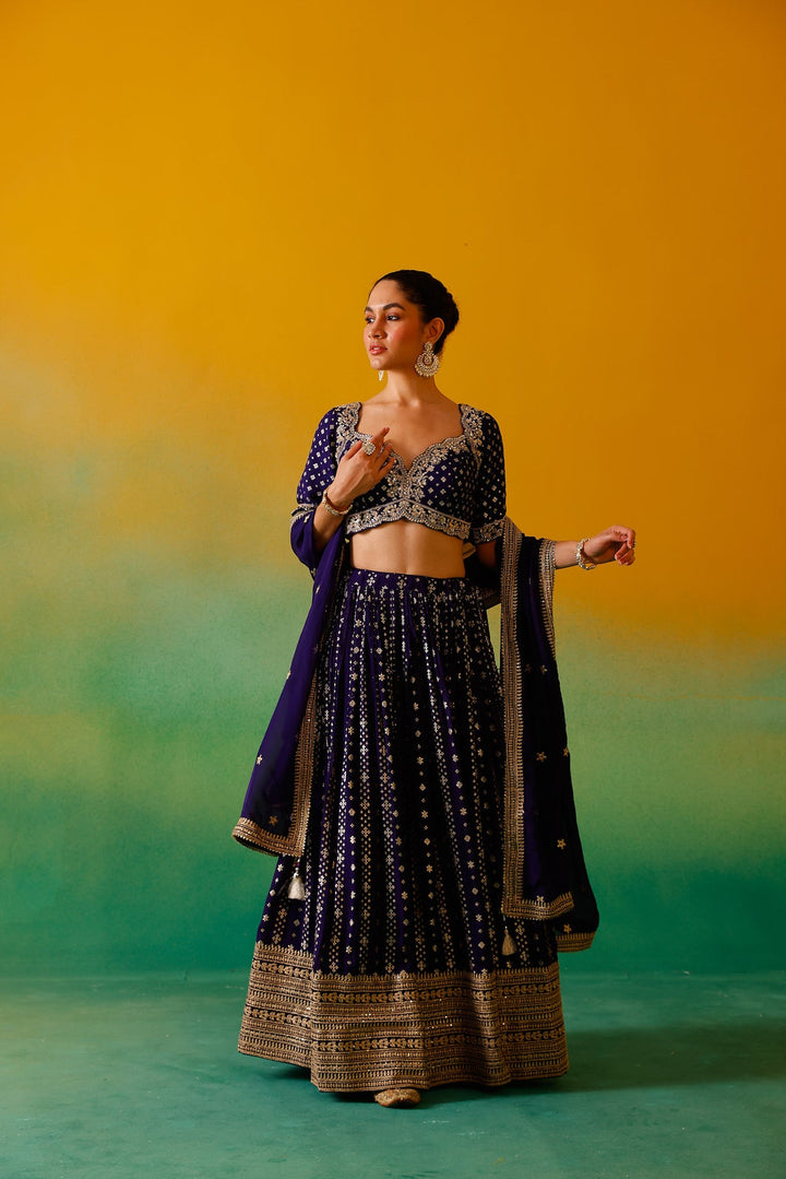 Neerus Purple Georgette Embroidered Lehenga Set - side view