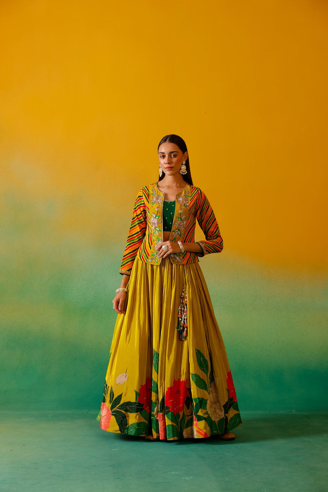 Neerus Green crepe embroidered lehenga set - detail view 5