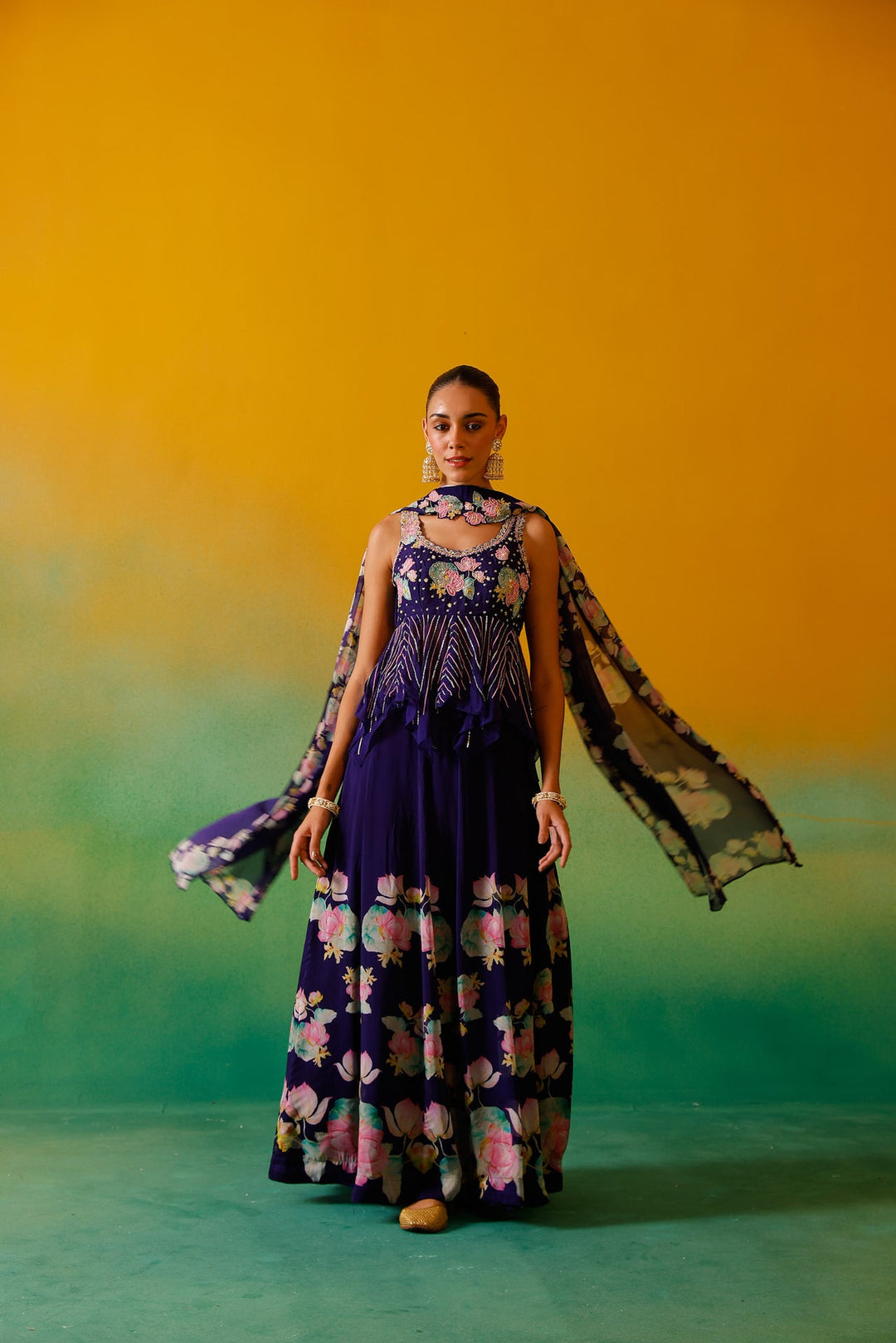 Neerus Purple organza embellished lehenga set - detail view 5