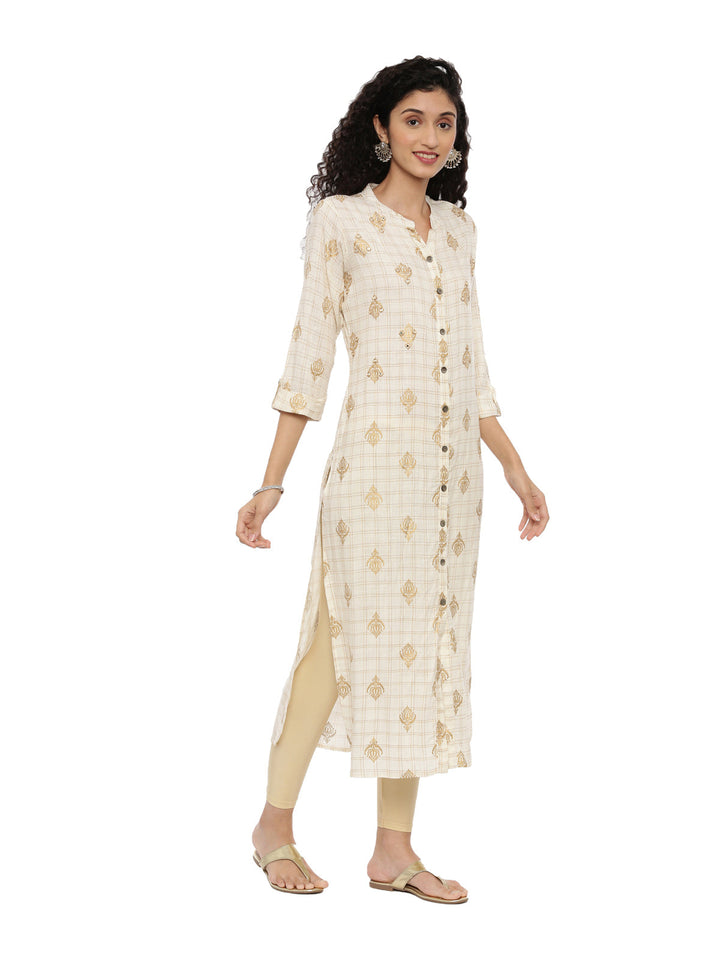 Neerus Beige cotton thread embroidered kurti - front view
