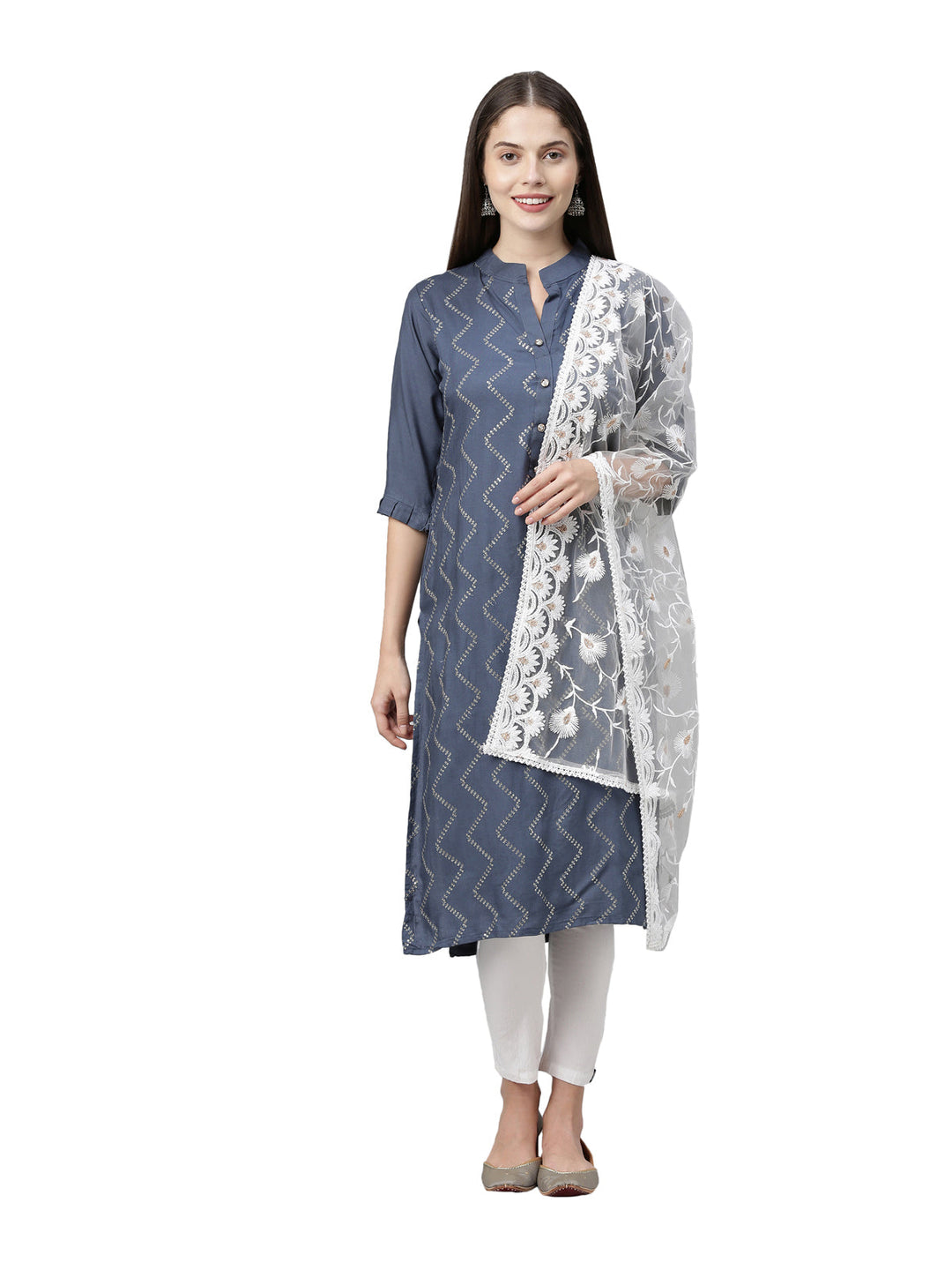 Neerus Blue rayon embellished kurti - front view