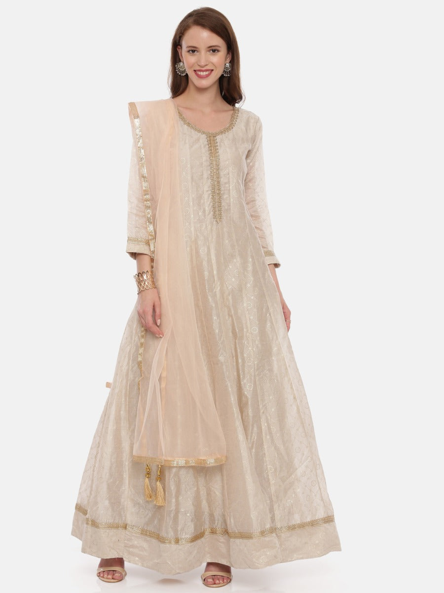 Neerus Beige Chanderi embroidered anarkali suit set - front view