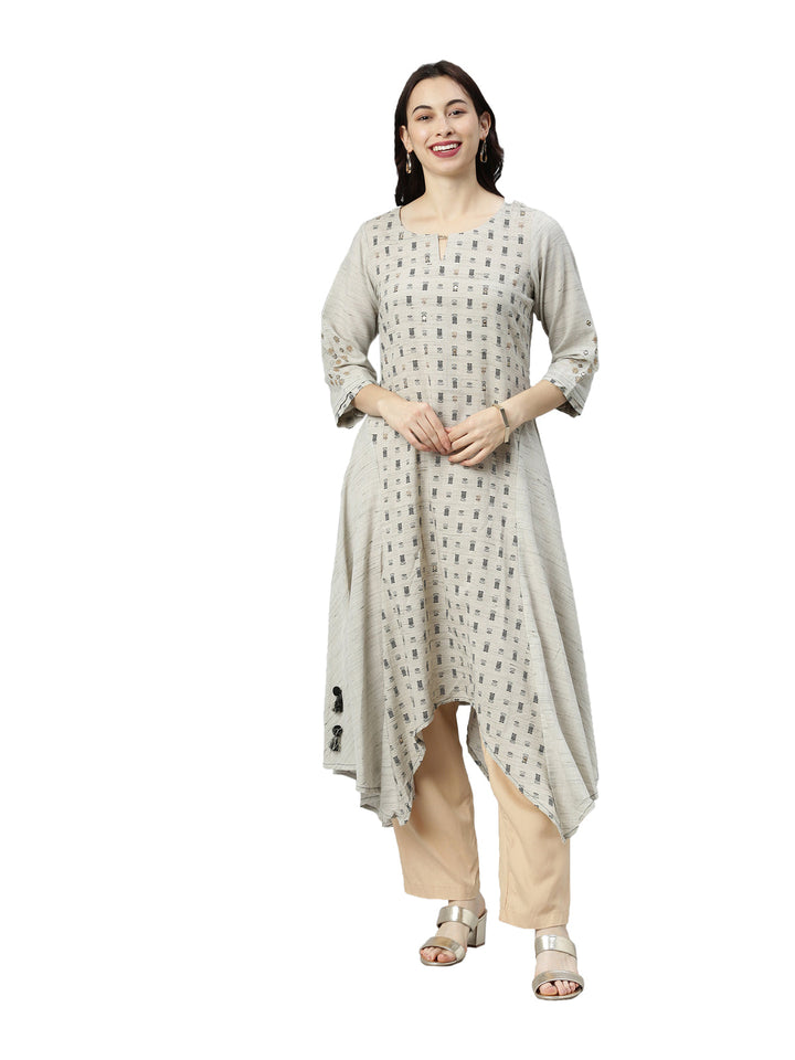 Neerus Grey printed ethnic kurta keyhole neck - front view