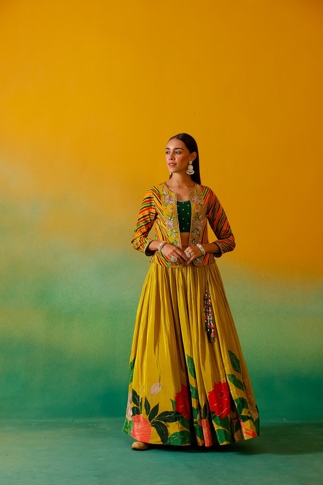 Neerus Green crepe embroidered lehenga set - detail view 7