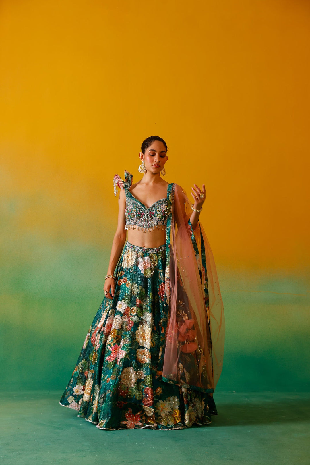 Neerus Green satin embroidered lehenga set - detail view 4