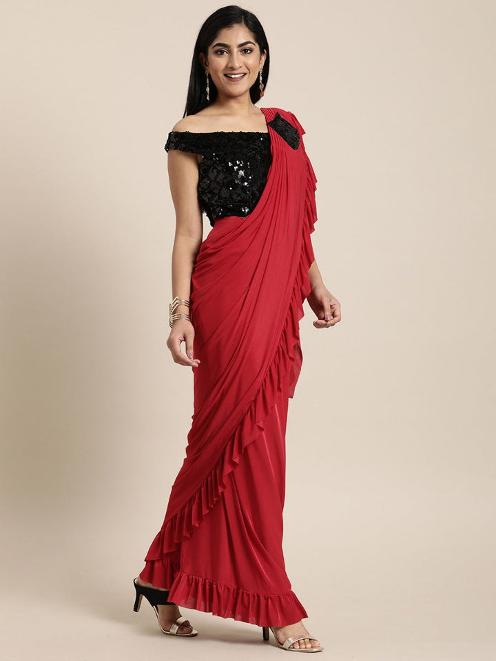 Neerus Red solid ready to wear saree with blouse - front view