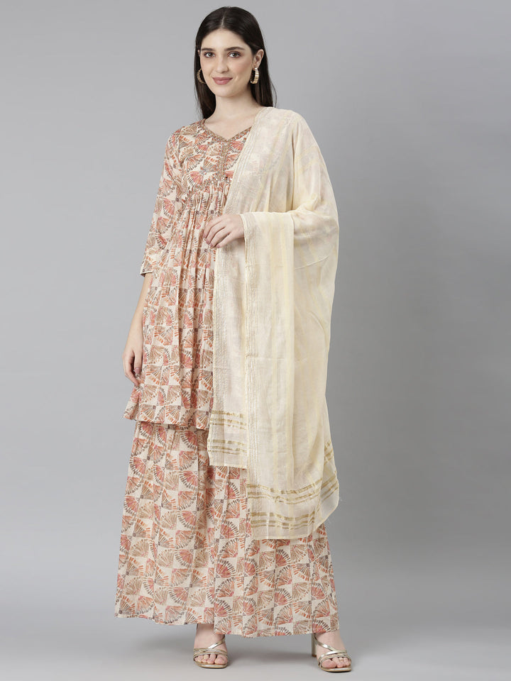 Neerus Pink printed straight kurta set with palazzo and dupatta - front view