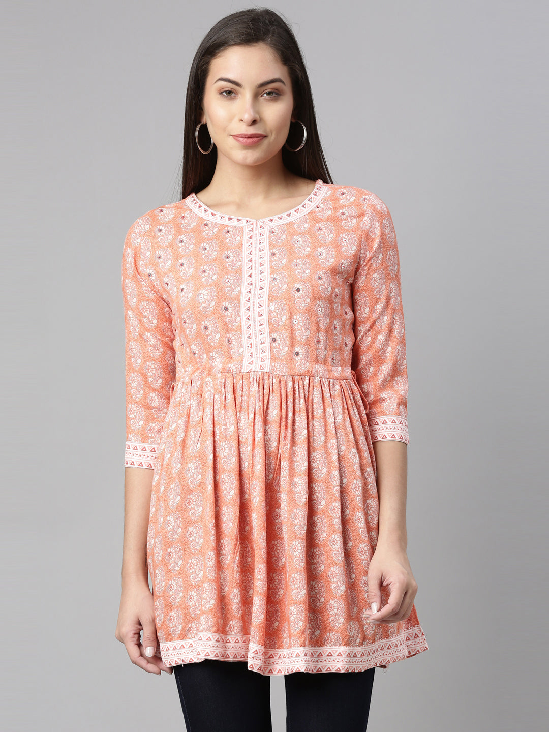 Neerus Pink floral printed sequinned pleated kurti - front view