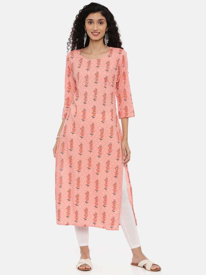 Neerus Orange printed ethnic kurta for women - front view