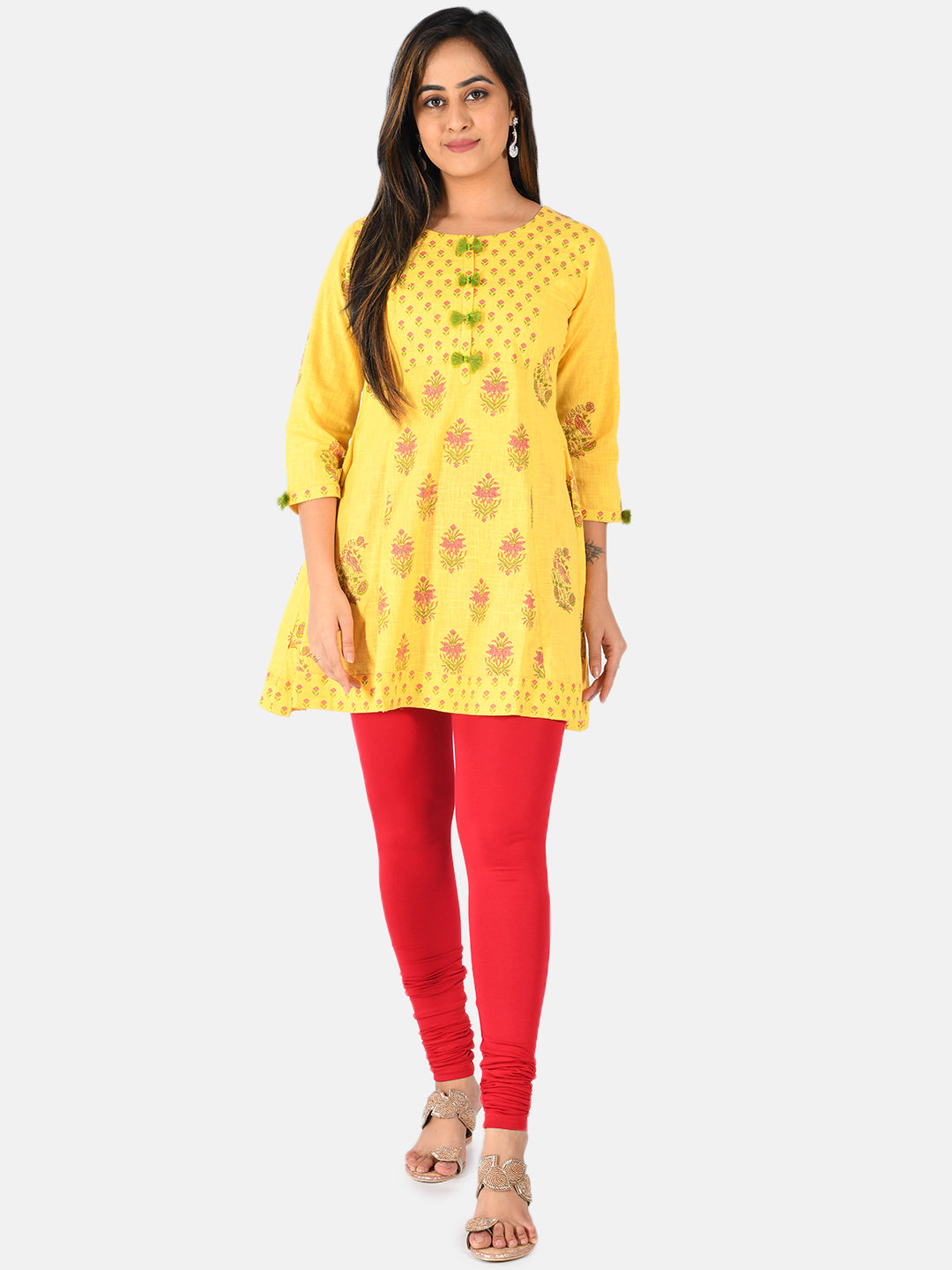 Neerus Yellow cotton printed A-line kurti - front view