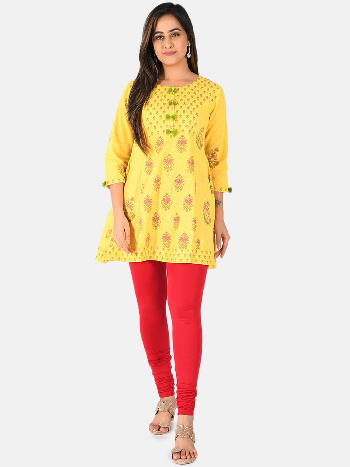 Neerus Yellow cotton printed A-line kurti - front view
