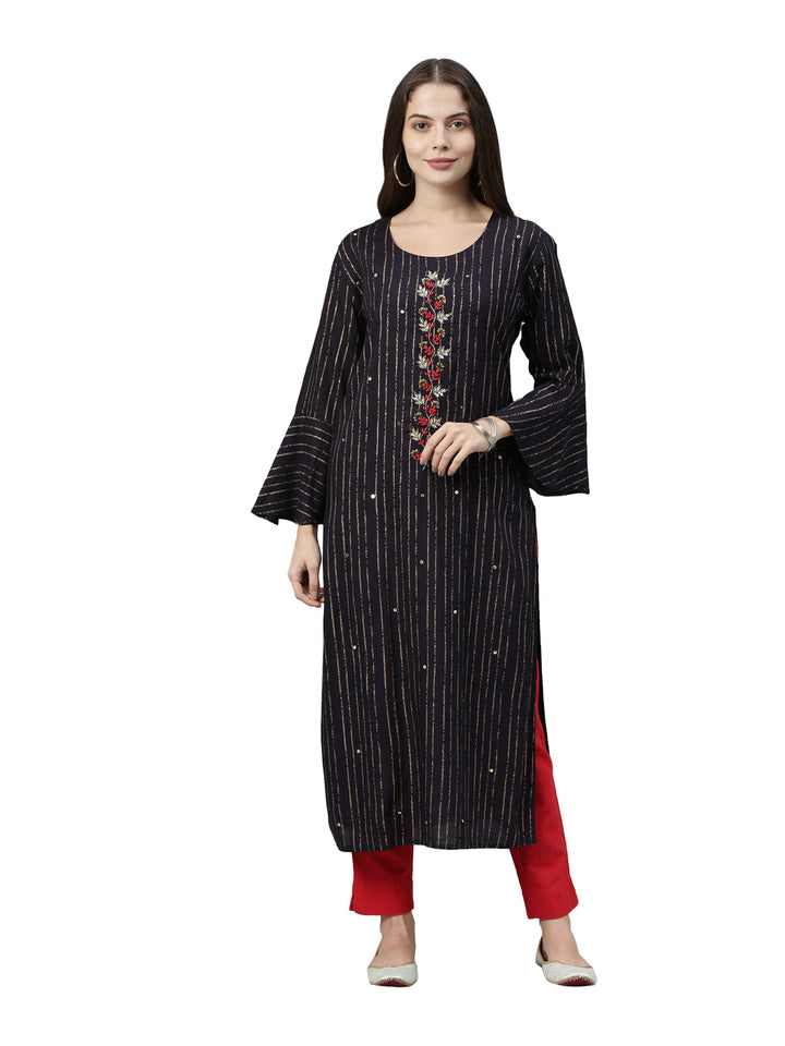 Neerus Blue striped printed rayon kurti - front view