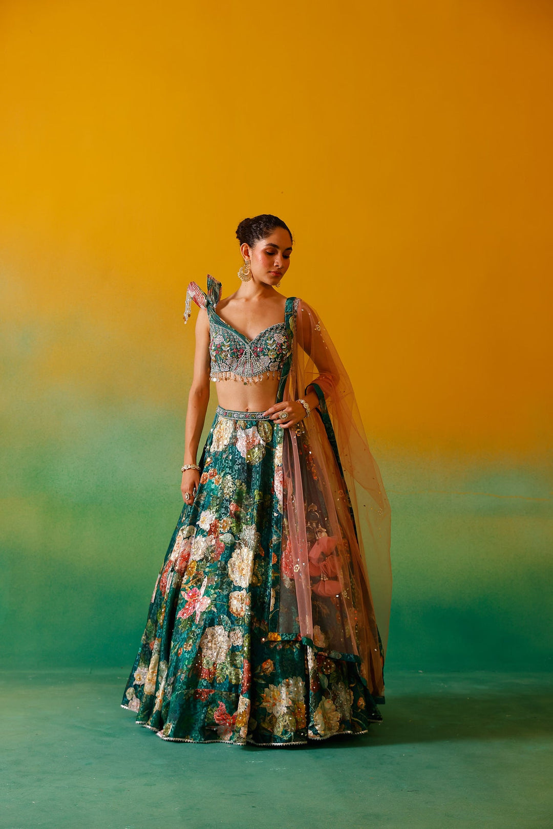 Neerus Green satin embroidered lehenga set - detail view 5
