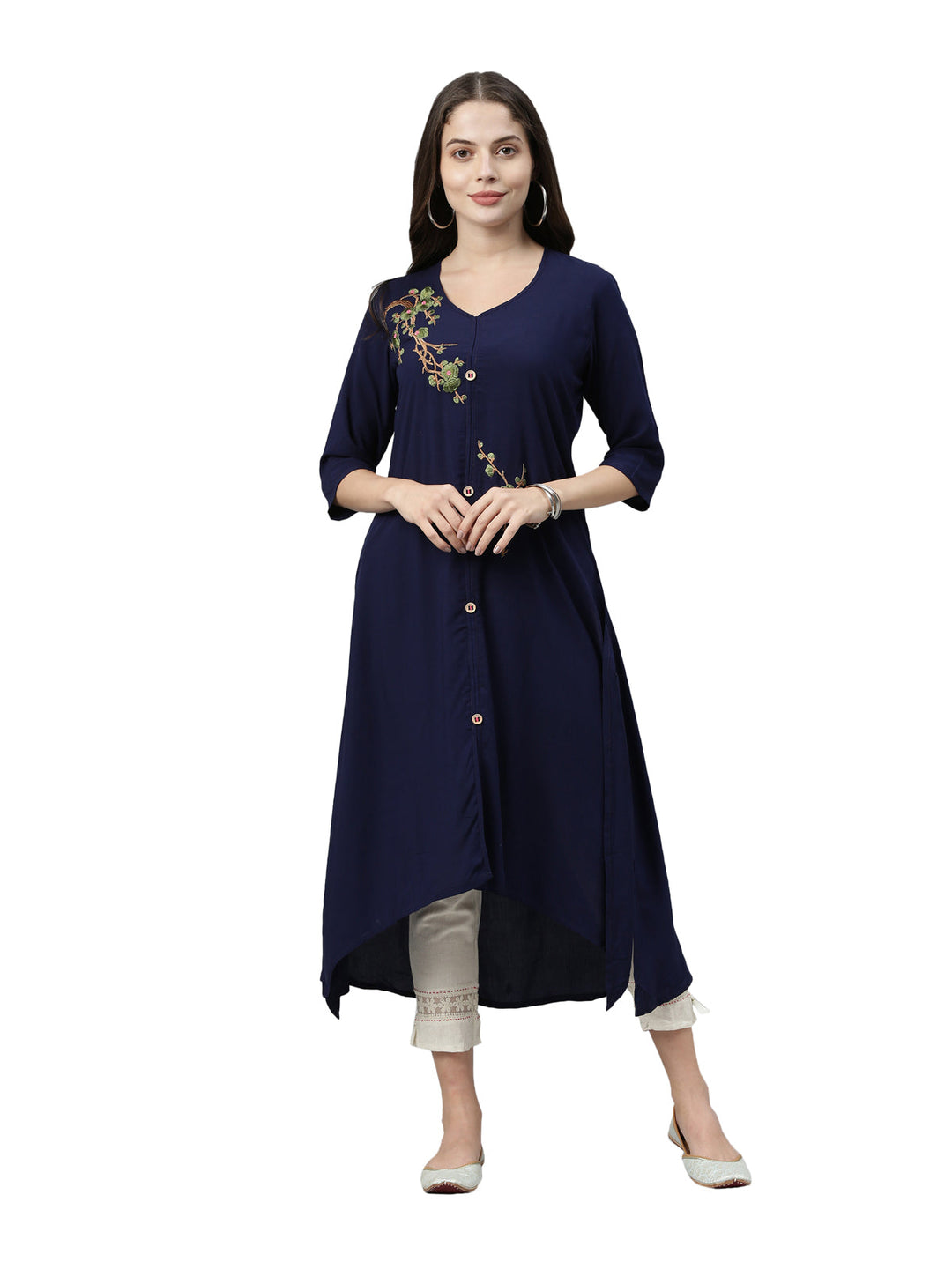 Neerus Blue embroidered floral A-line kurta - front view