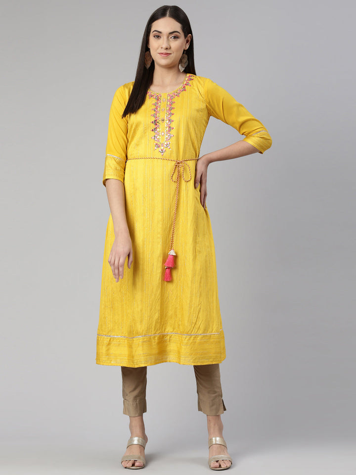 Neerus Yellow cotton embroidered anarkali kurta - front view