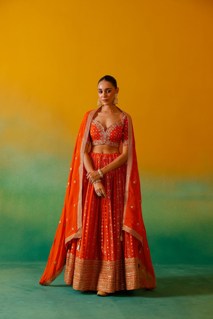 Neerus Orange Georgette Embroidered Lehenga Set - detail view 2
