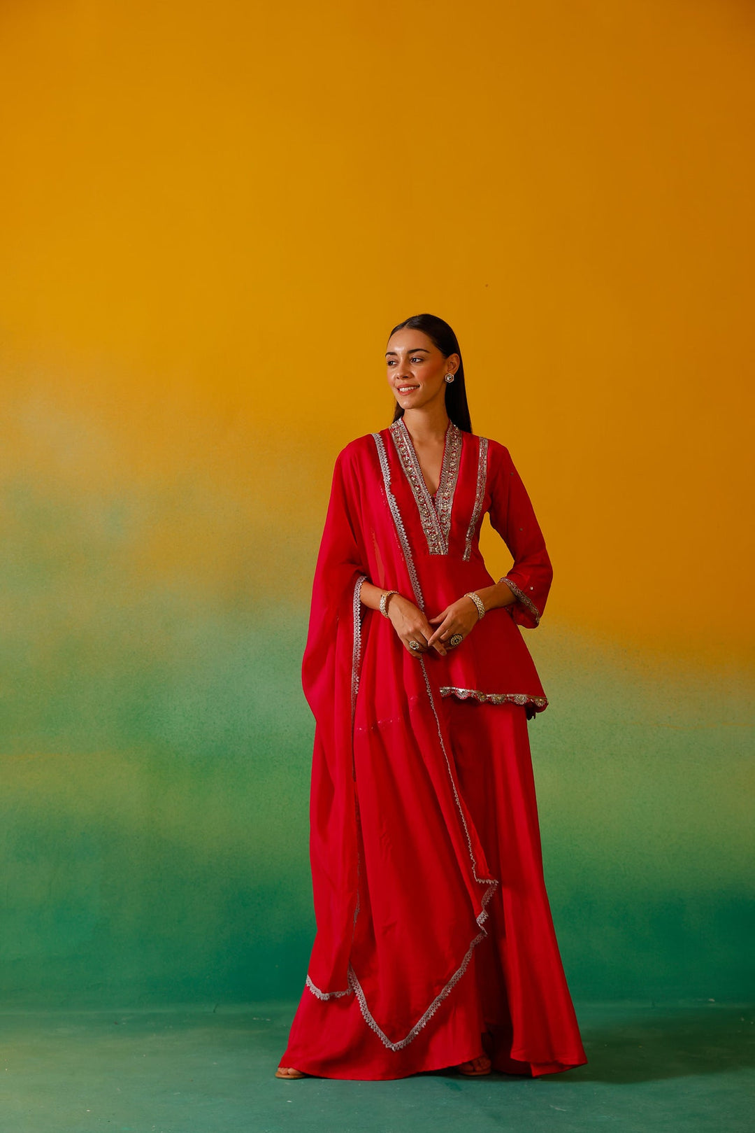 Neerus Pink Silk Embroidered Suit Set - back view