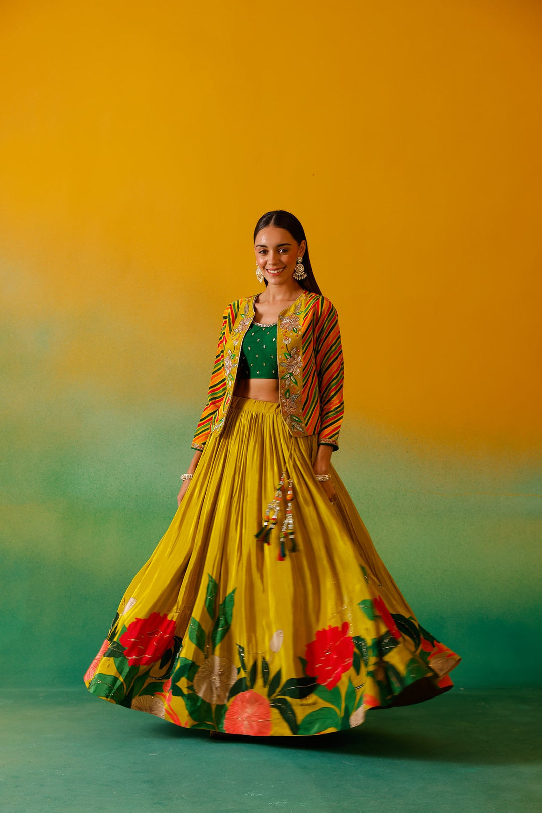 Neerus Green crepe embroidered lehenga set - back view