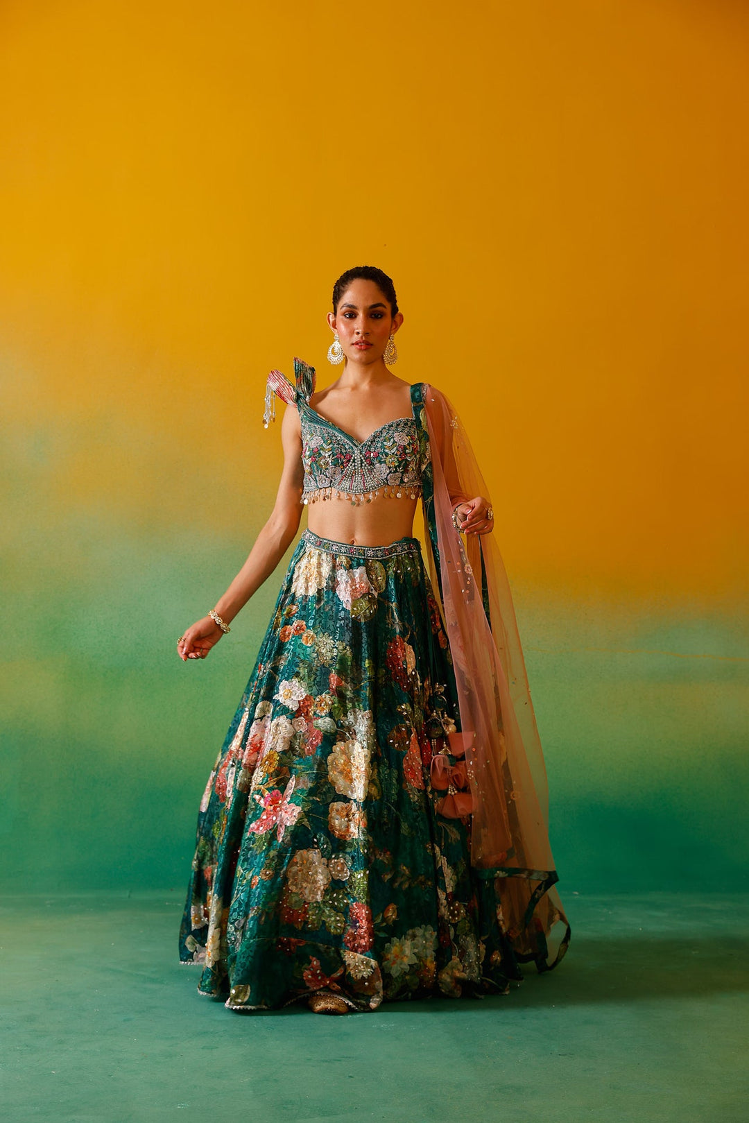 Neerus Green satin embroidered lehenga set - detail view 6