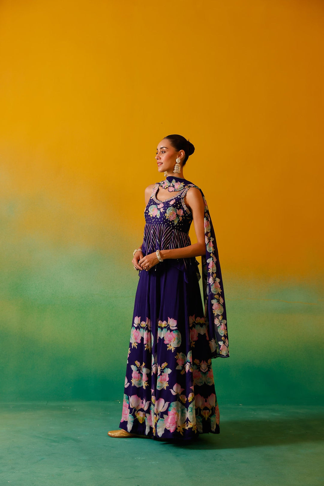 Neerus Purple organza embellished lehenga set - side view
