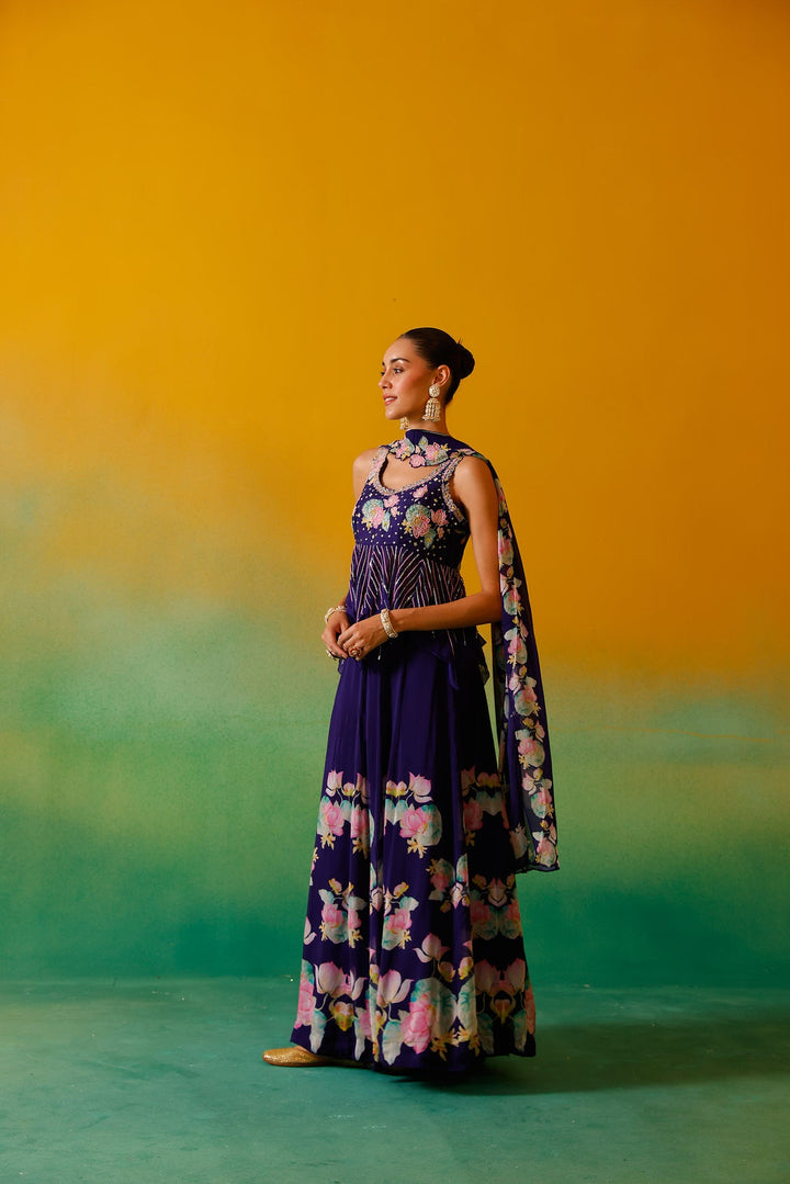 Neerus Purple organza embellished lehenga set - side view
