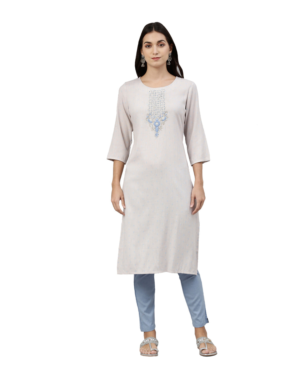 Neerus Grey embroidered floral kurta - front view
