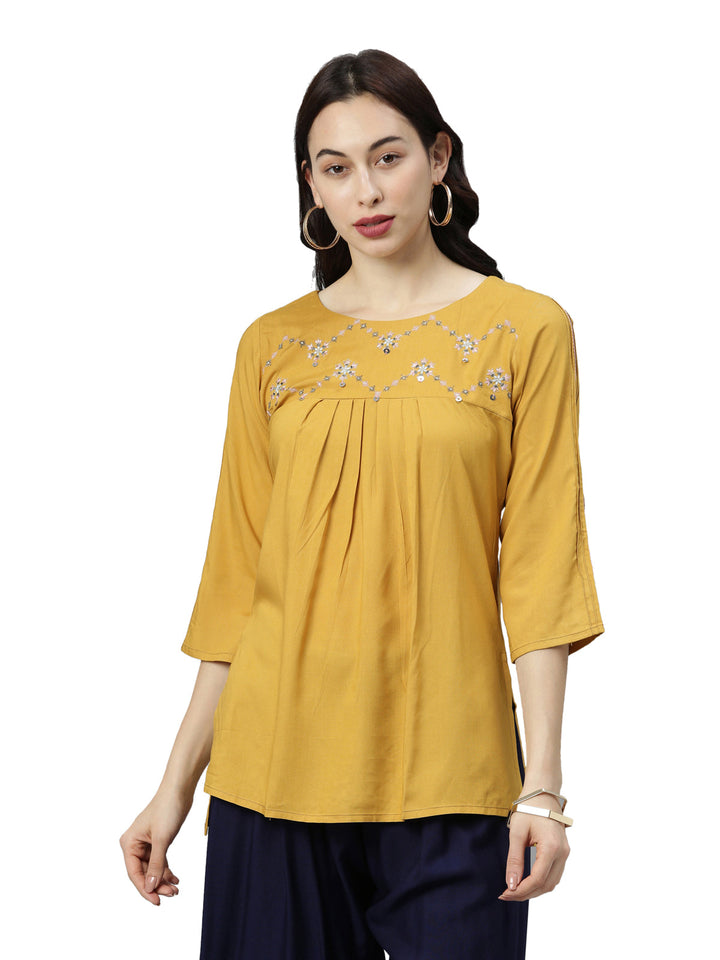 Neerus Yellow cotton embroidered kurti - front view
