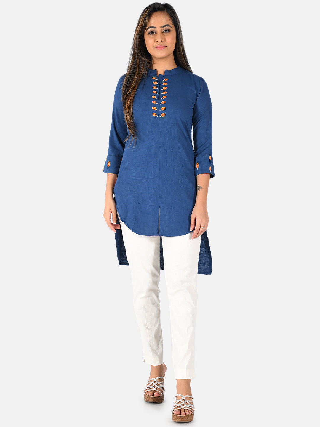 Neerus Blue solid straight kurta - front view