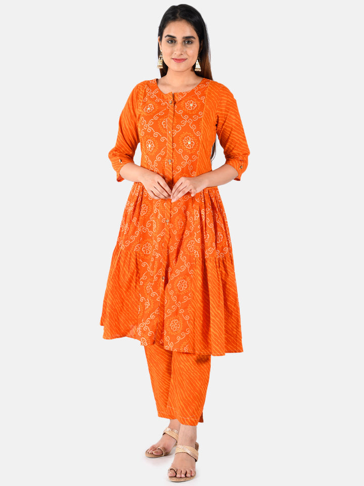 Neerus Orange embroidered anarkali kurta - front view