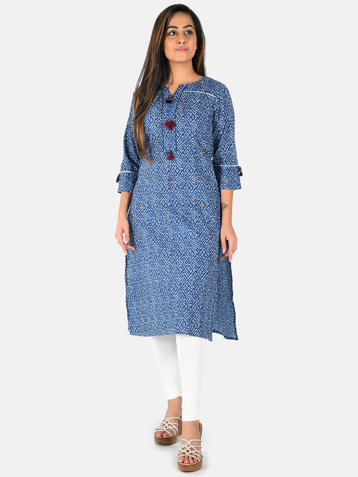 Neerus Blue printed straight kurta - front view