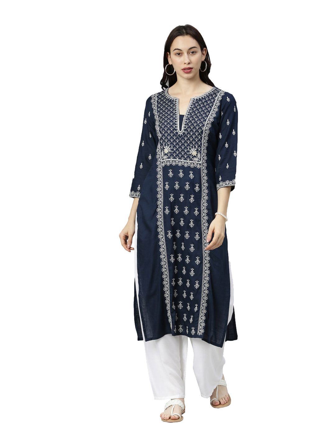 Neerus Blue thread embroidered floral kurta - front view