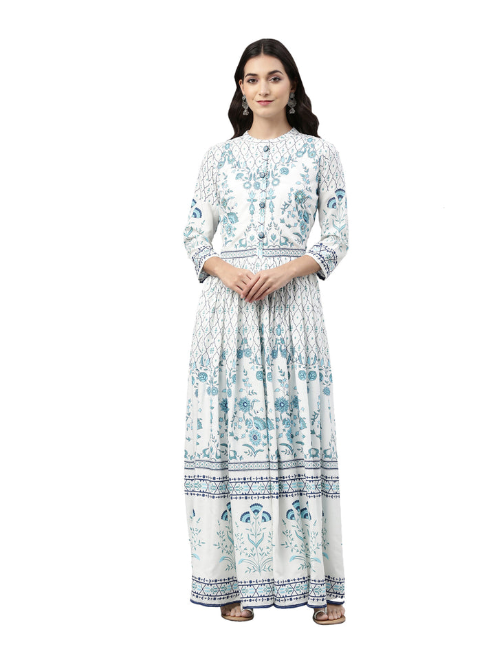 Neerus White floral mirror work anarkali kurta - front view