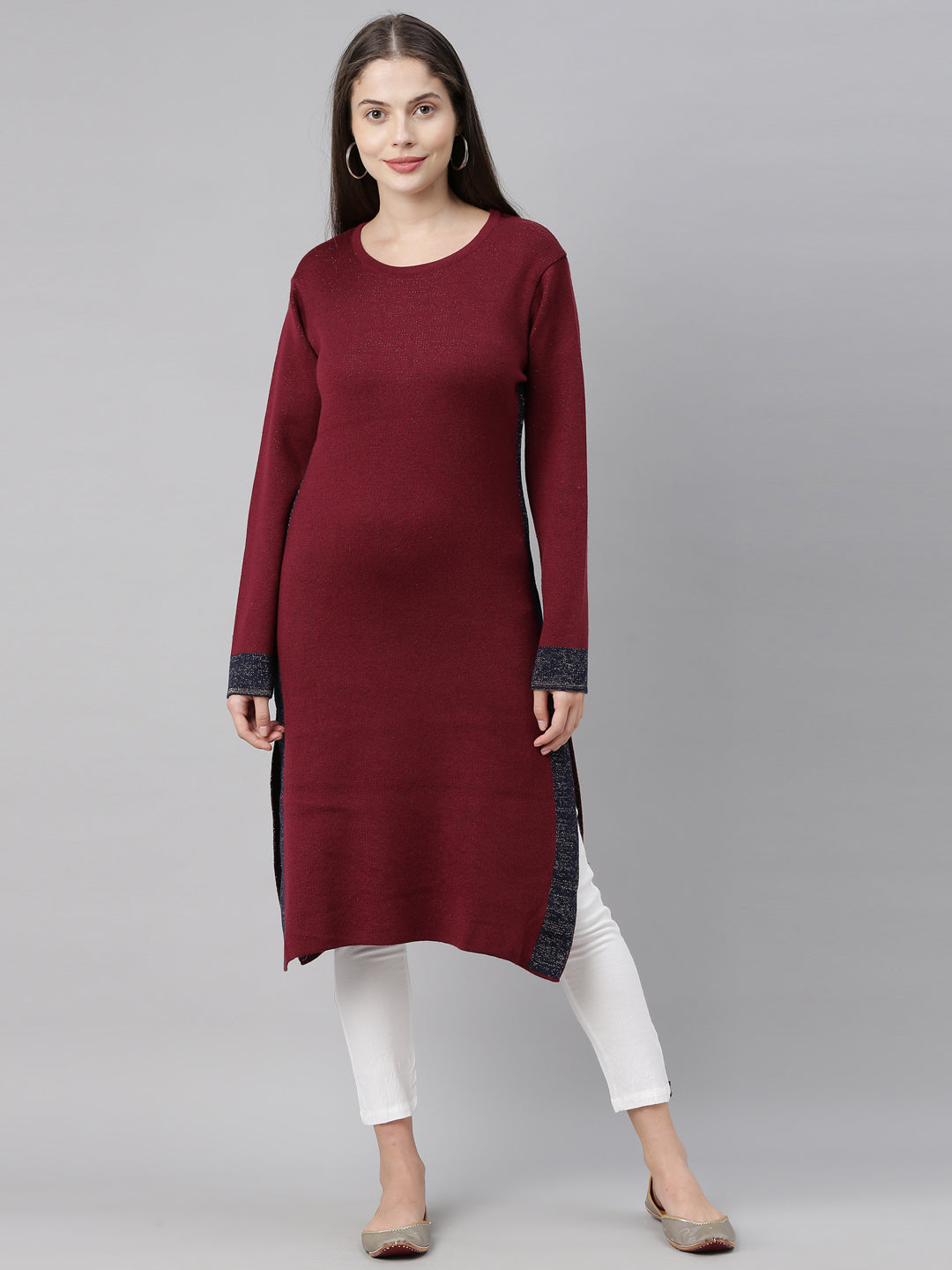 Neerus Maroon acrylic woven knitted kurti - front view