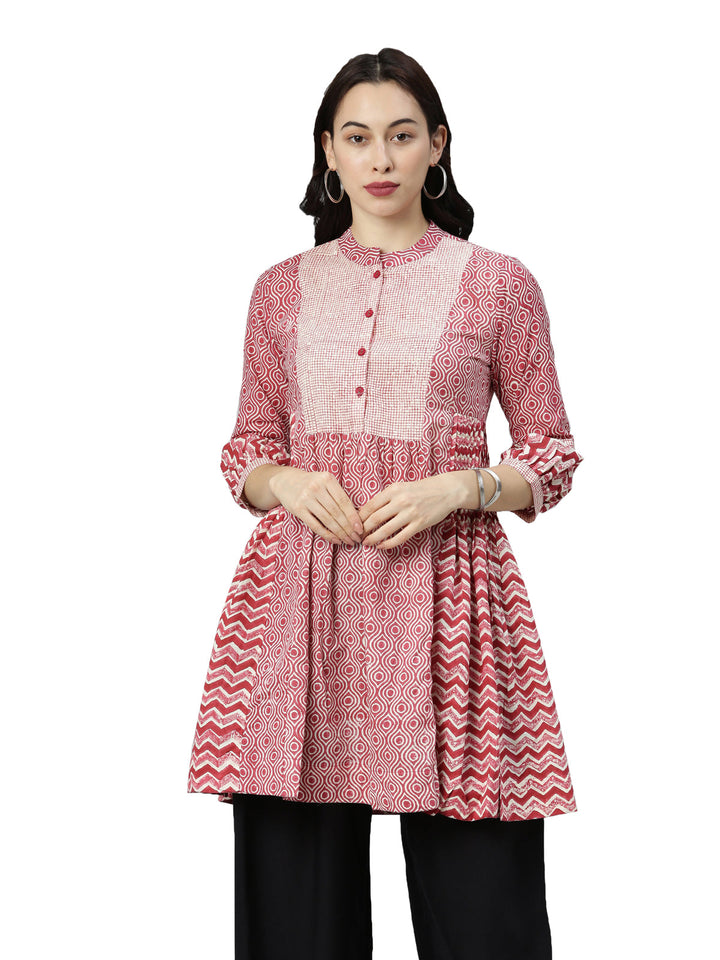 Neerus Red printed A-line kurta - front view