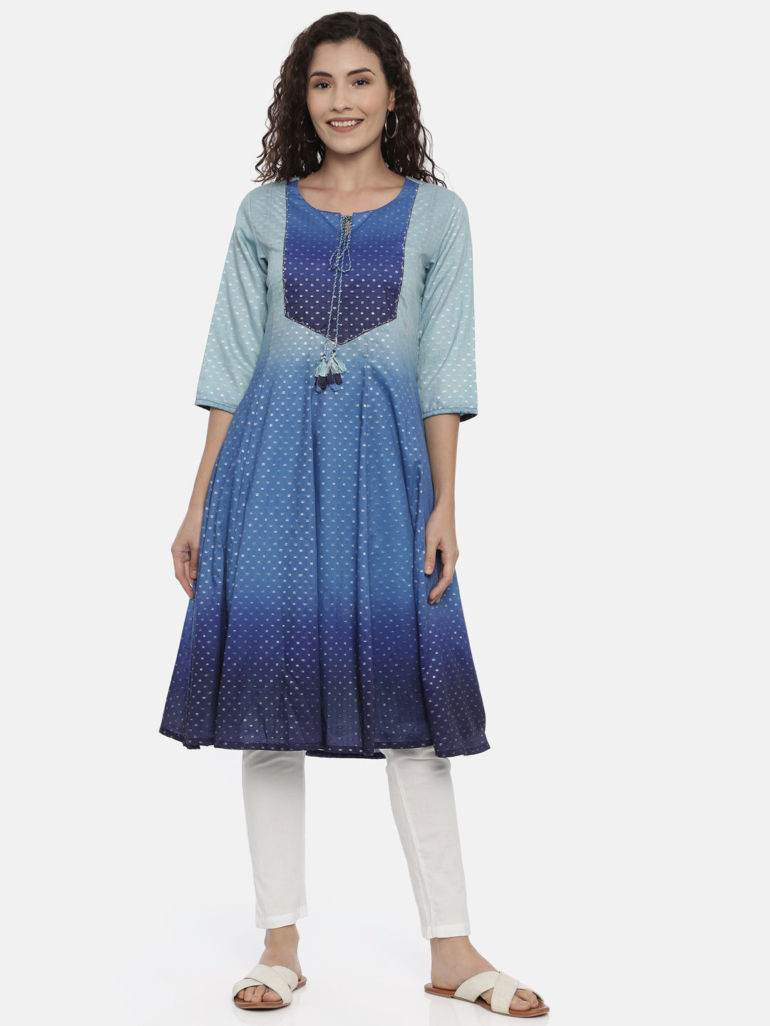 Neerus Blue viscose rayon printed Anarkali kurti - front view