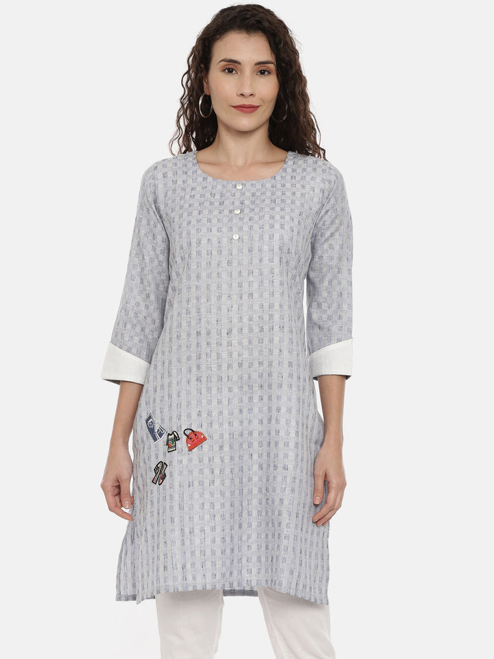 Neerus Grey printed geometric kurta for women - front view