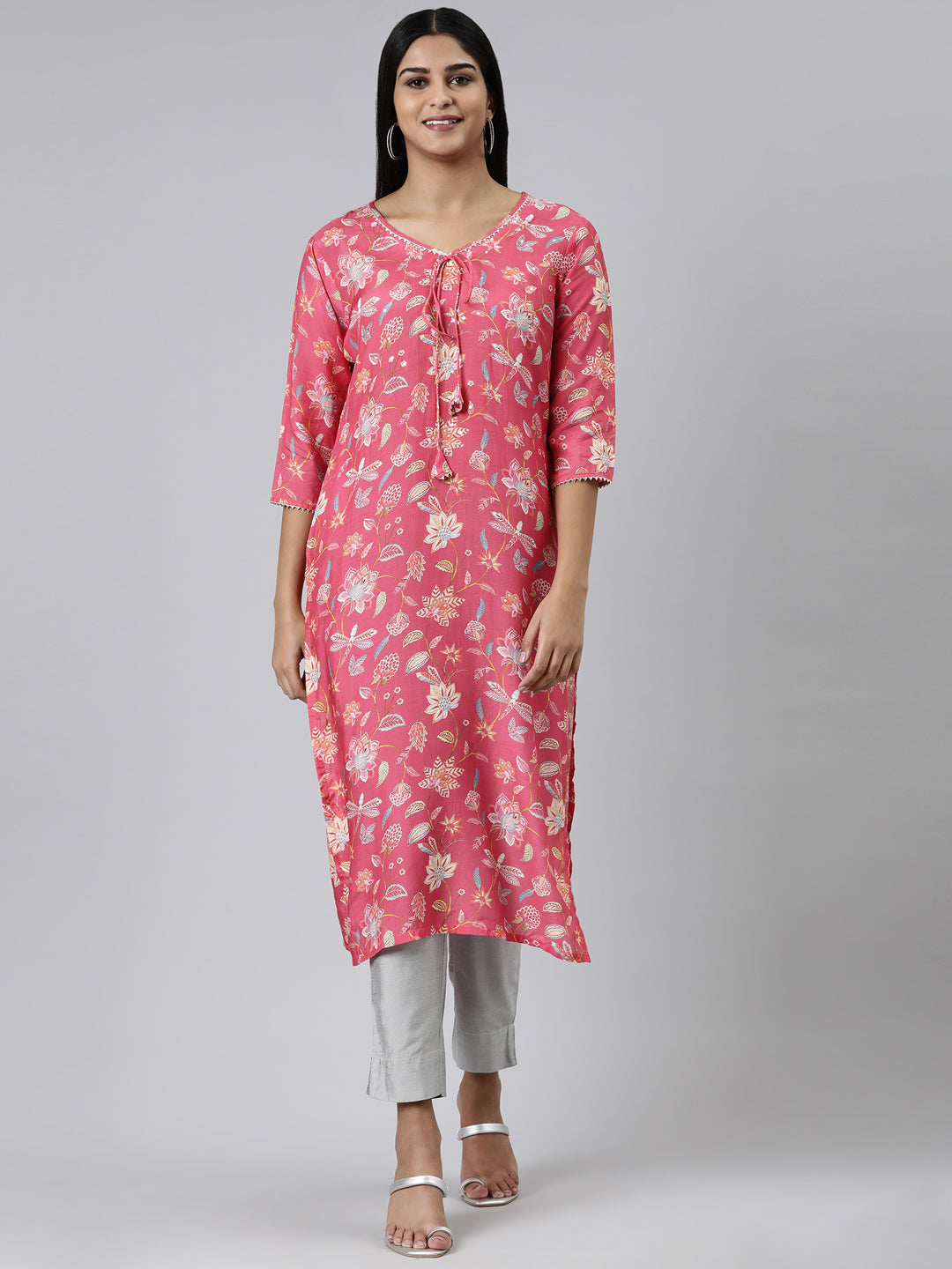 Neerus Maroon cotton printed kurti straight silhouette - front view