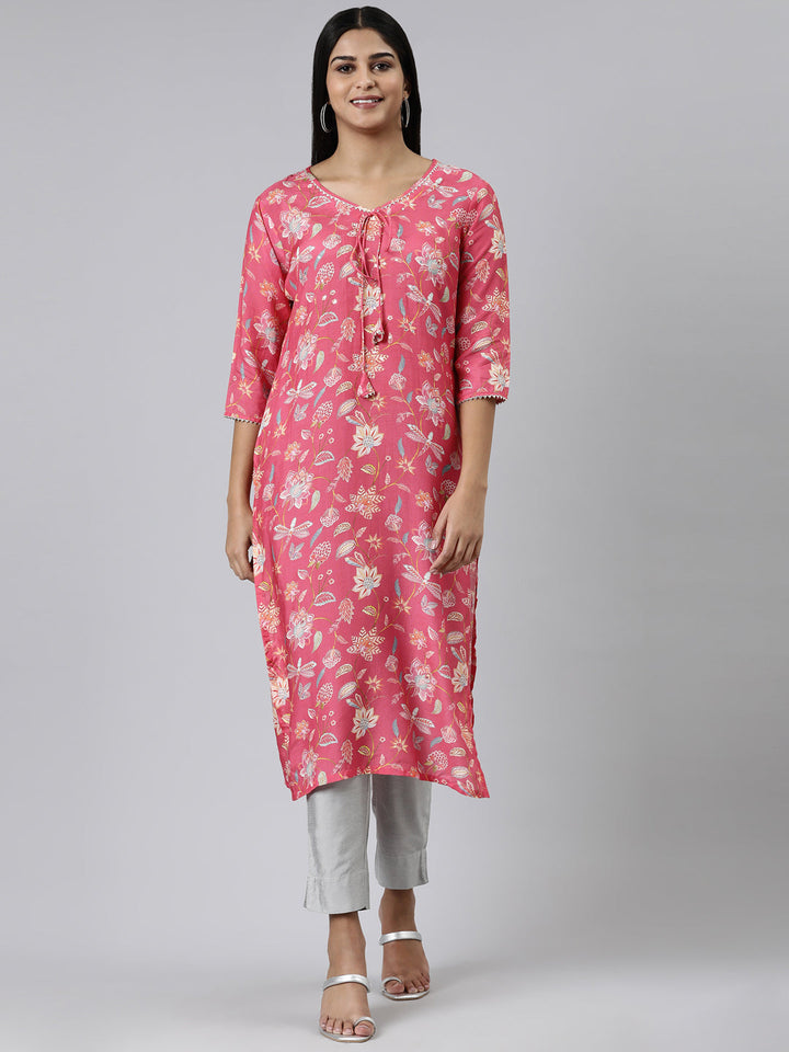 Neerus Maroon cotton printed kurti straight silhouette - front view